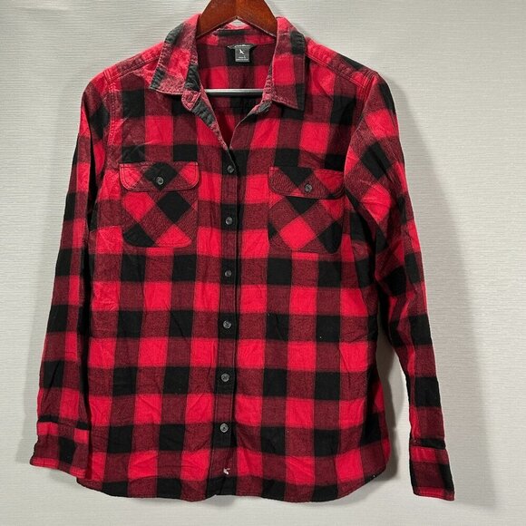 Eddie Bauer Shirt Womens Large Red Flannel Buffalo Plaid Long Sleeve Button Up - Picture 1 of 8